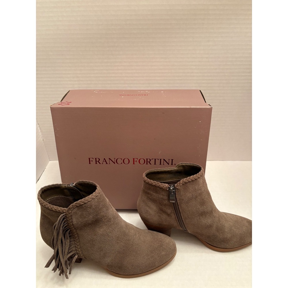 Franco Fortini Womens Taupe Suede Fringe Ankle Boots Braided Trim Size 6.5